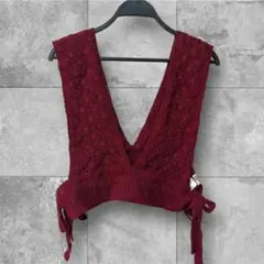 【美品】秋冬 Emsexcite かぎ編みベスト ビスチェ ワインレッド フリー