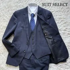 美品 SUIT SELECT スリーピース チェック 本切羽 濃紺 A4