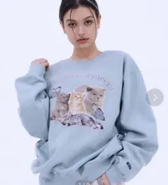 猫プリント 水色 オーバーサイズスウェット