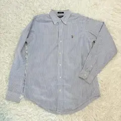 美品✨ USA製 緑タグ ポロラルフローレン ポニー刺繡 シャツ ストライプ 青