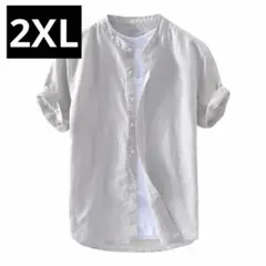 新品　2XL 半袖シャツ メンズ グレー バンドカラー 綿麻風 大きいサイズ