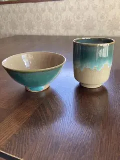 新品未使用】上野焼 茶碗＆湯呑みセット 緑釉 陶器 和食器（箱なし）