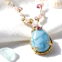 ラリマーと春の彩り花冠ネックレス 天然石 ワイヤーアート 1点物