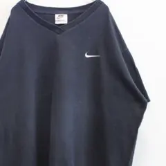 USA製 90's NIKE ナイキ ロゴ刺繍 黒 × 白 古着VネックTシャツ