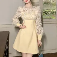 新品　未使タグ付フリル付き　イエロードレス Aライン