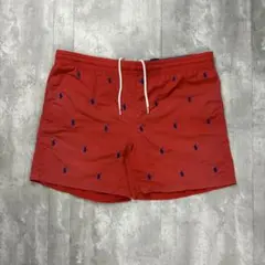 ラルフローレン 総柄刺繍ロゴ ナイロンショートパンツ レッド L 7103のサムネイル