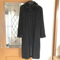 黒ファー襟　カシミアロングコート　毛皮付き　カシミア100%