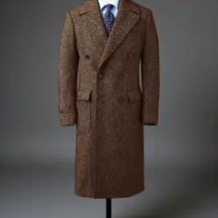 メンズ ダブルチェスターコート／ヘリンボーン柄 ロングコート（ブラウン）