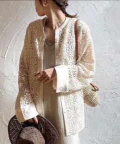 【新品タグ付】JUNOAH ノーカラーレースシャツ L オフホワイト