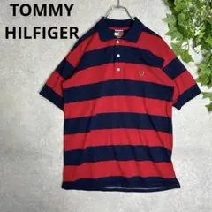 トミーヒルフィガー　ラガーシャツ　ボーダーポロシャツ　コットン100%赤　紺　L