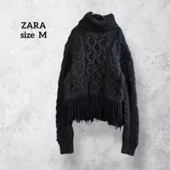 ザラ ケーブル編み フリンジ ニットセーター ブラック タートルネック H774