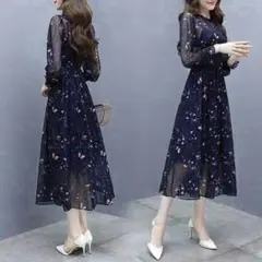 春 韓国 花柄 ネイビーレディース ワンピース超人気~