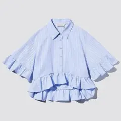 GU rokh ロク　ペプラムシャツ　ブルー　ストライプ　フリル　Lサイズ