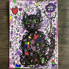 カラフルな猫のアート作品「enjoy猫」 上質紙　自作　抽象画　アクリル画