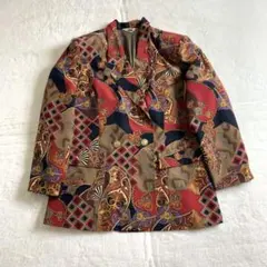 【ジャケット　レトロ　金ボタン　ダブル　総柄　赤　古着】