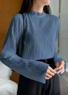 SHEIN　フリルネック　トップス　ブルー　水色　長袖　Lサイズ