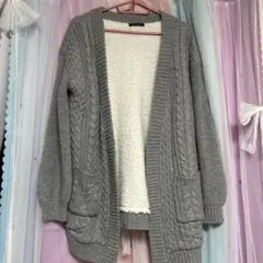 グレー ケーブル編み ロングカーディガン