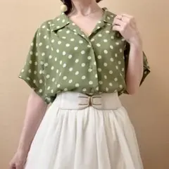 ドット柄 フレンチスリーブ 開襟シャツブラウス 昭和レトロ ヴィンテージ 緑 白