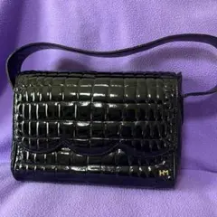 ハナエモリ　クロコ　型押し　ハンドバッグ　黒