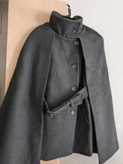 ダークグレー ハイネックケープコート ウール風