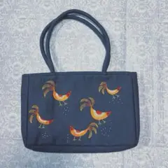 鳥柄刺繍トートバッグ ネイビー カジュアル　Authentique