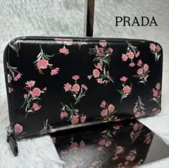 ✨美品✨ プラダ 長財布 ラウンドジップ メタルロゴ サフィアーノ 花 総柄 黒