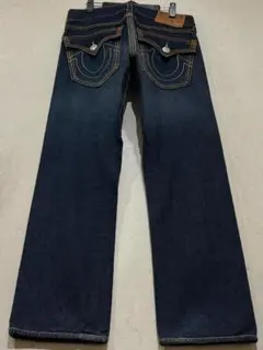 トゥルーレリジョン RICKYイエローロゴ刺繍デニムパンツ未裾直濃紺米国 