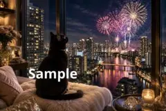 タワマンから花火を眺める黒猫 デジタルアート イラスト