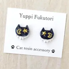 【yf.1366】夜空　猫ピアス　　月　星　綺麗　かわいい　パール　レジン