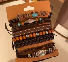 ボヘミアンブレスレット ターコイズ・レザー調/腕輪 6本セット B