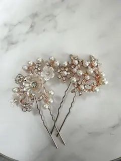 ピンクゴールド花とパールのヘアピンセット 2本