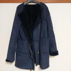 ネイビーノーカラー ムートンコート 美品