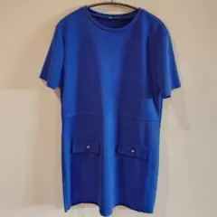 ZARA ザラ 半袖 ミニワンピース M ブルー ゴールドボタン ポケット