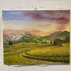 油絵　風景画　原画　田舎　草原　F3