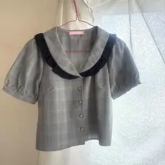 フリル付きチェック柄シャツ 半袖 Fサイズのサムネイル
