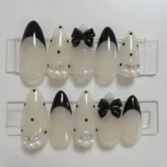 【現品】ネイルチップ ブラック フレンチ ドット リボン フレンチガーリー