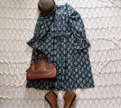 SALE 綿麻クラシカルワンピース　ネイビー　fujikujira