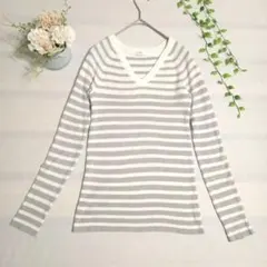 525【AZUL】ニットセーター　Vネック　ボーダー　白　グレー　S