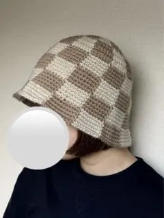 ☆ブラウン×ベージュ☆チェック☆クラッシャーハット☆クロシェハット☆大きめ☆