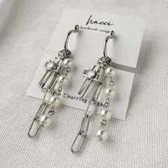 #460-2クロス×パール×チェーンじゃらじゃらフープピアス/イヤリング変更可