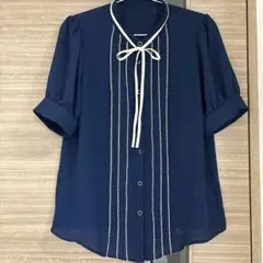 スーツセレクト　Mサイズ　ネイビー 半袖ブラウス　 リボン