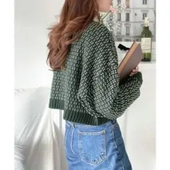 【クラシカルエルフ】2wayジャガードニット ショート丈カーディガン 緑