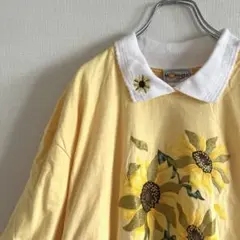 used ひまわりTシャツ ラメ イエロー 向日葵刺繍 コットン 襟付き 古着のサムネイル