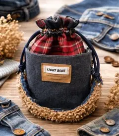 プ*ん様 デニムリメイク 巾着バッグ ファーストラップ 一点物 チェック柄