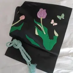 アンティーク名古屋帯　鶴の刺繍　正絹　大正浪漫　しつけ糸　マゼンタピンク　N50 アンティーク名古屋帯 鶴の刺繍 正絹 大正浪漫 しつけ糸 マゼンタ