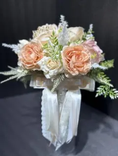 ウェディングブーケ　 ピンク＆ナチュラル色薔薇★ブートニア　リボン仕様変更