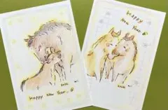 原画　色鉛筆画　年賀状　2026　馬　2枚セット