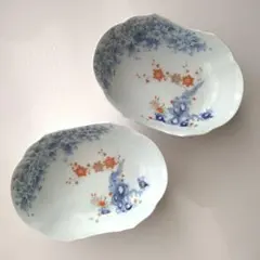 金彩色絵染付　変形深皿　古道具　骨董　アンティーク　2枚　松　梅　桜