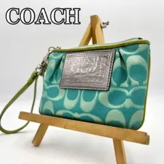 【美品】COACH コーチ　ポーチディストレット　poppy シグネチャー　緑色