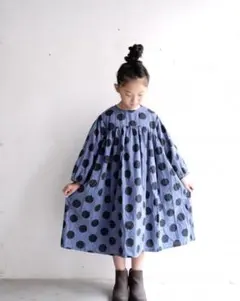 韓国こども服 90センチドットの七分袖ワンピース